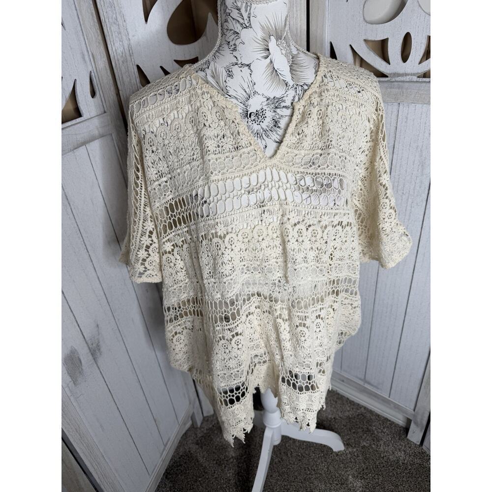 Cabi Love Carol Oversized Beach Crocheted Cream Beige Blouse Shirt Size Small